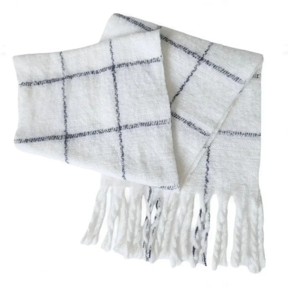 Oversized Windowpane Check Scarf in 100% Poly Fringe Shawl Knit